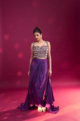 Dark purple ajrakh embellished blouse with drape skirt and ruffled dupatta
