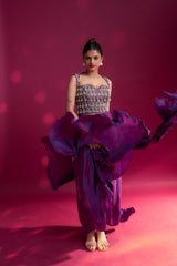 Dark purple ajrakh embellished blouse with drape skirt and ruffled dupatta