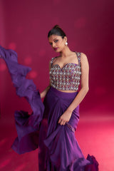 Dark purple ajrakh embellished blouse with drape skirt and ruffled dupatta