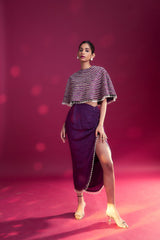 Dark purple Ajrakh stripwork capelet with purple bralette and drape skirt
