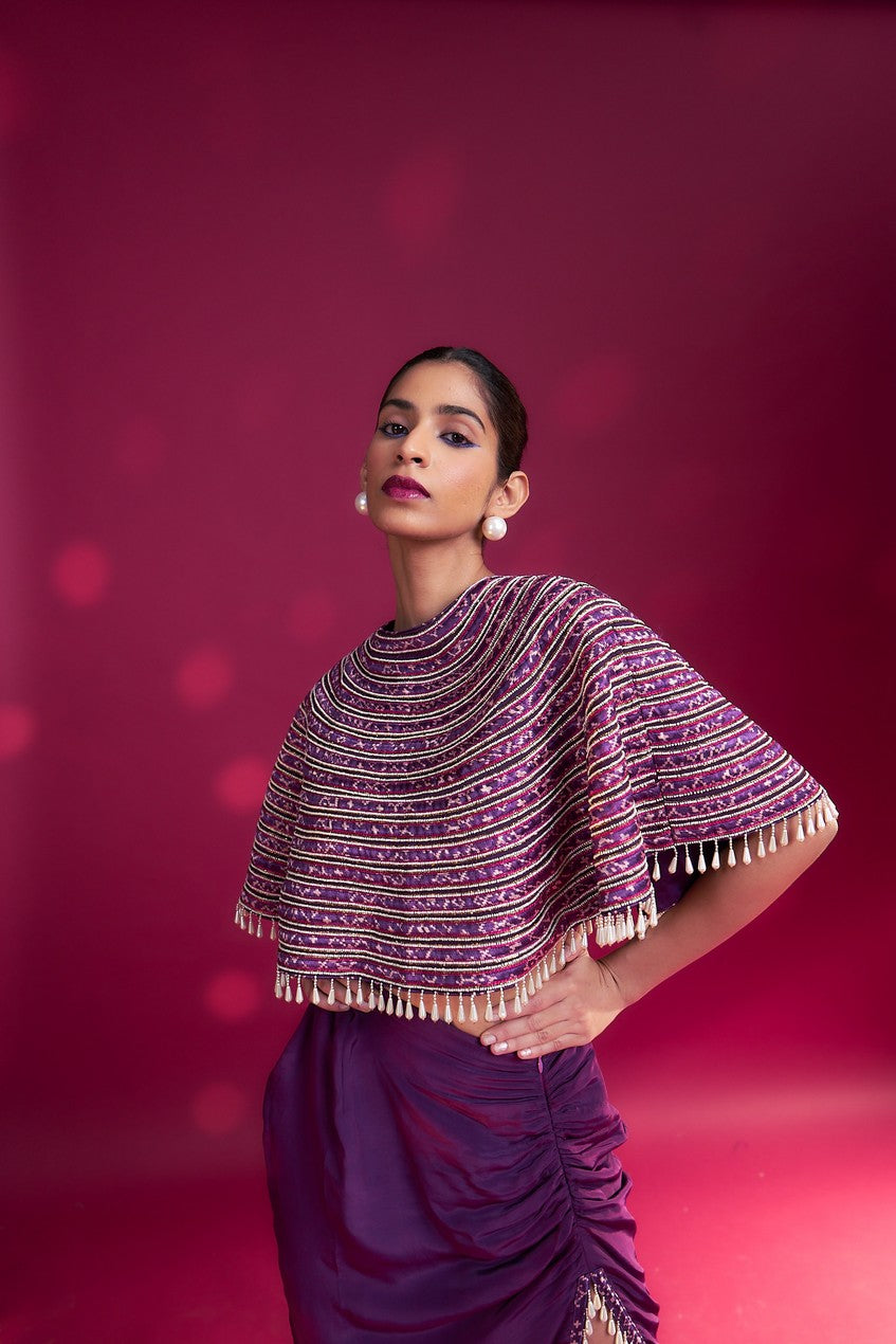 Dark purple Ajrakh stripwork capelet with purple bralette and drape skirt