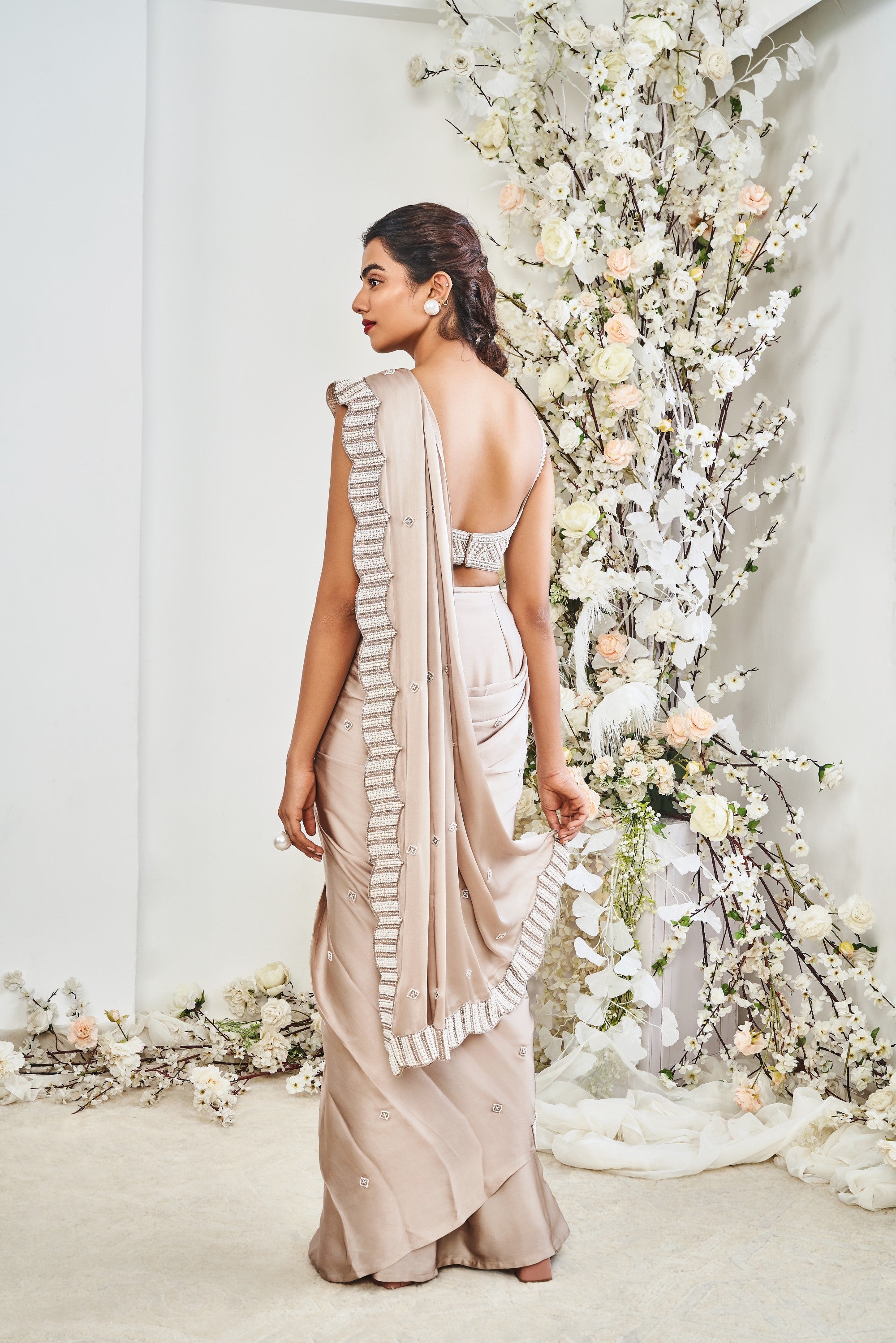 Pearl Embroidered Draped Saree Set