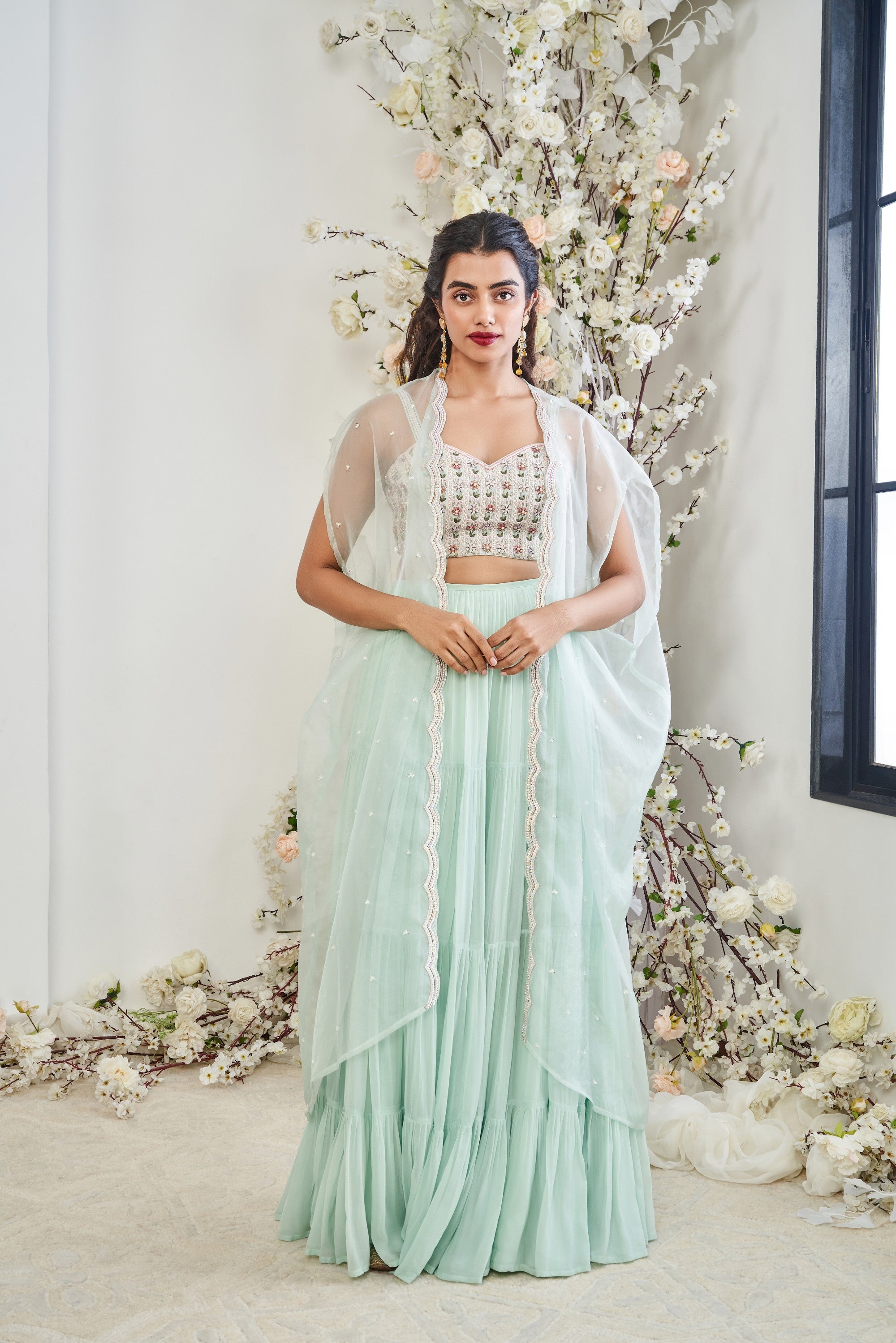 French Turq Knots Embroidered Cape Set