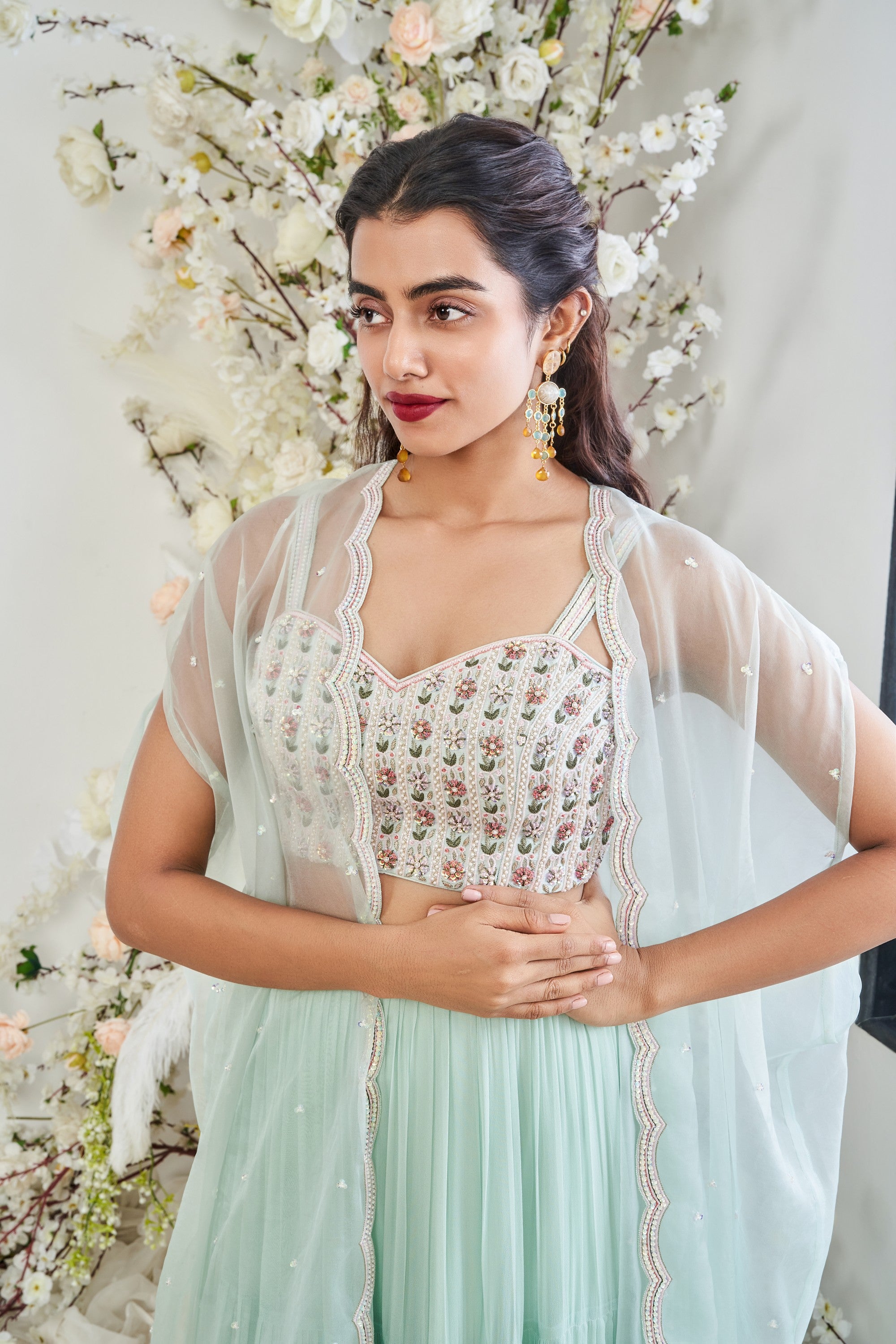 French Turq Knots Embroidered Cape Set