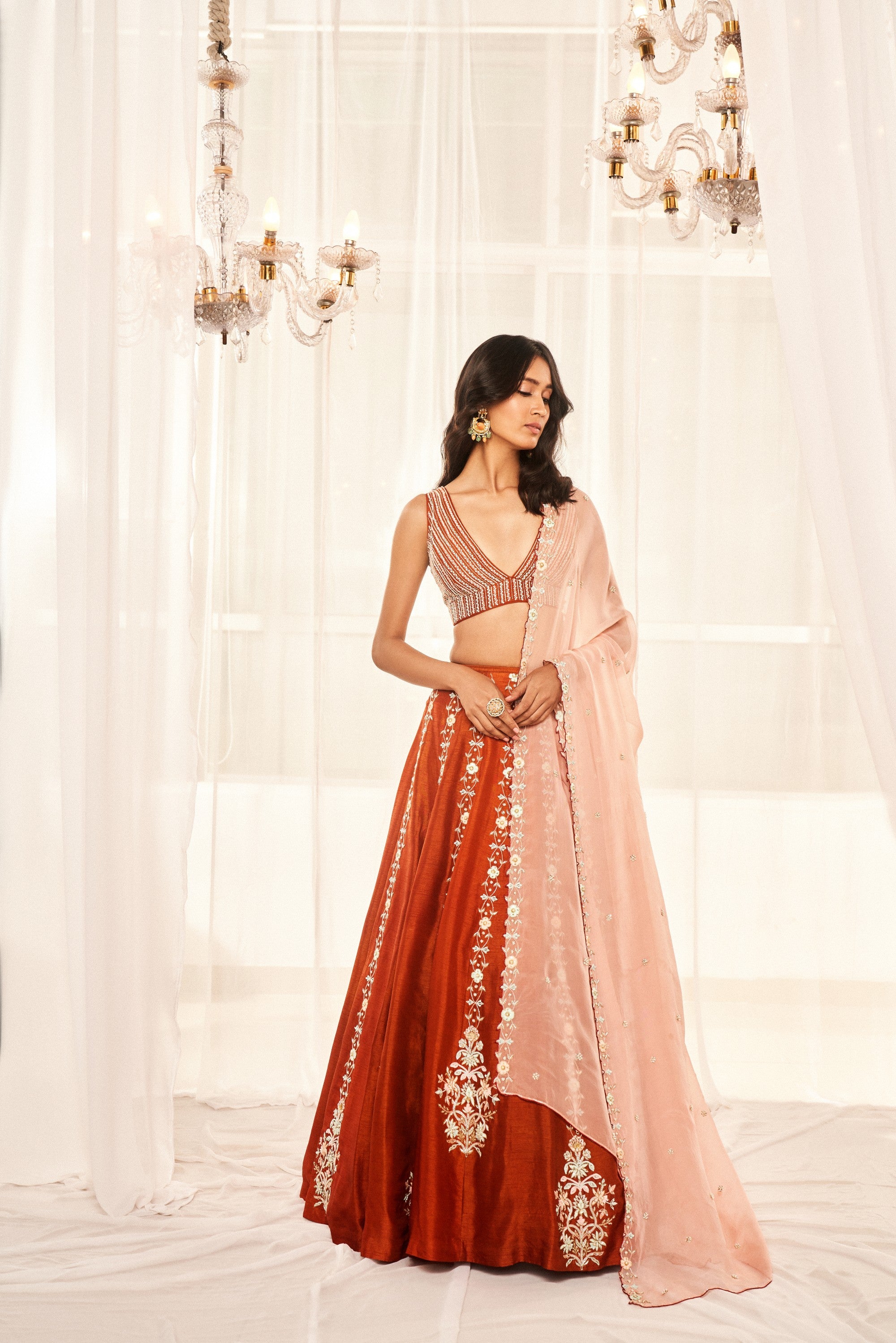 Burnt Orange Embroidered Lehenga Set