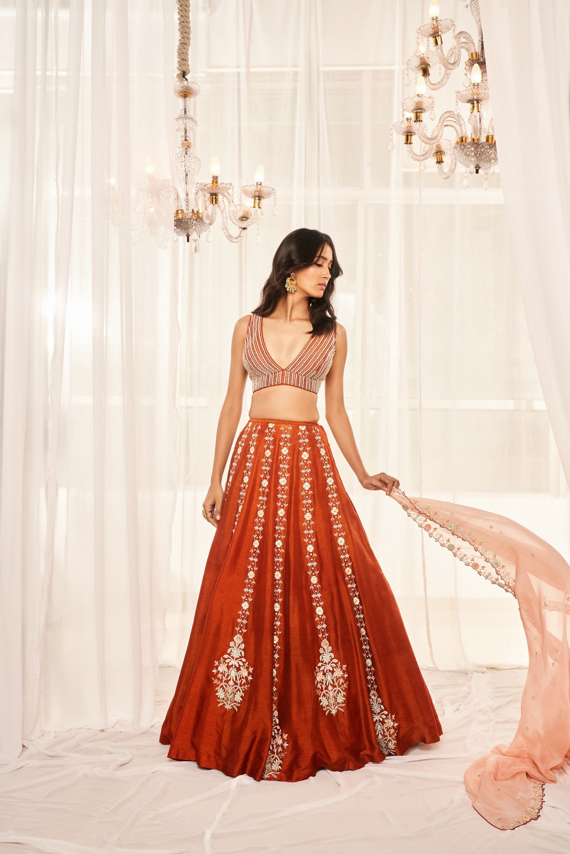 Burnt Orange Embroidered Lehenga Set