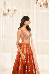 Burnt Orange Embroidered Lehenga Set