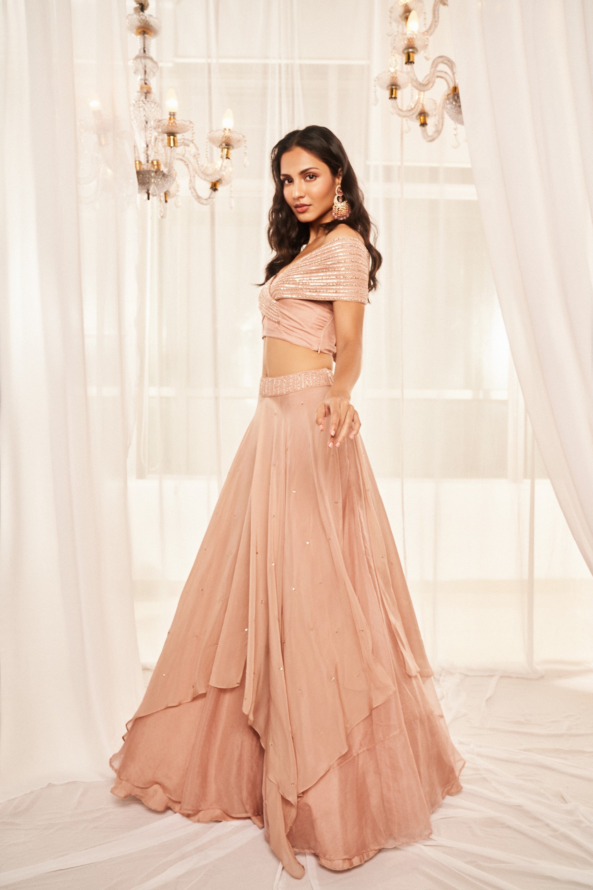 Blush Pink Layered Lehenga Set