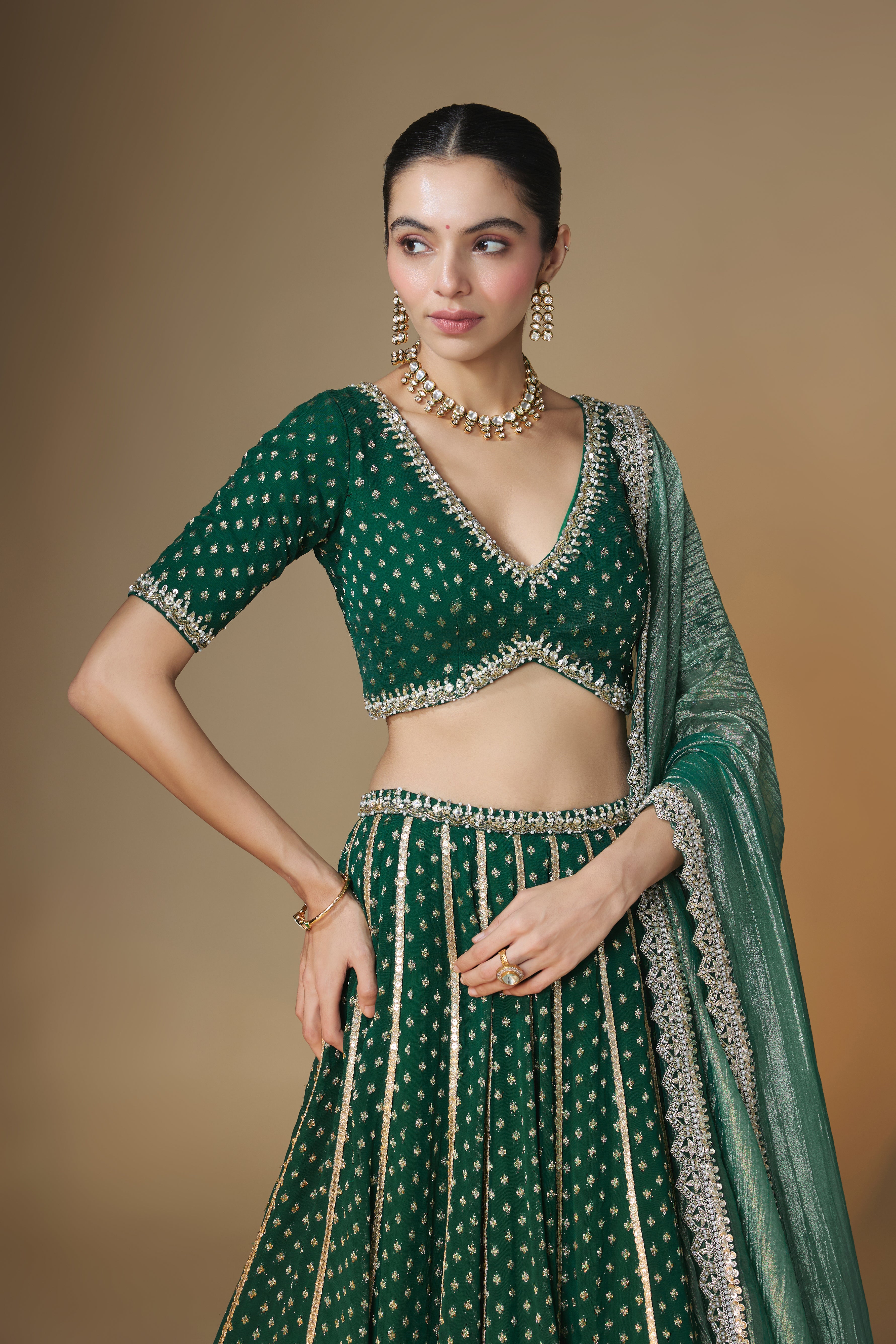 Emerald green benarasi butti lehenga blouse set