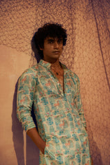 Deer Park -  Printed silk kurta with beige plain pants