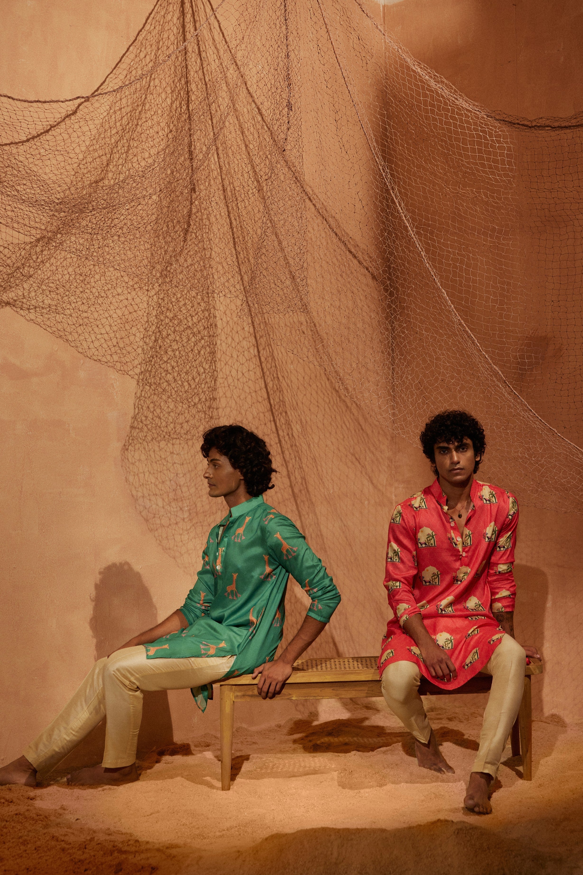 Rolling Giraffe - Printed silk kurta with beige plain pants