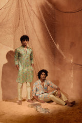 Mushroom Garden - Printed silk kurta with beige plain pants