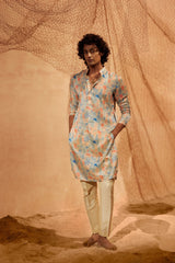 Waterland - Printed silk kurta with beige plain pants