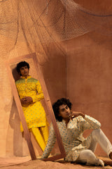 Trikona - Yellow Mirror All Over Silk With Foil Mirror Work Kurta With Pants