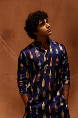 Cocktail Party - Printed silk kurta with black plain pants