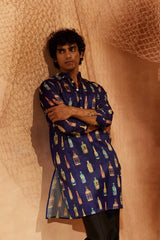 Cocktail Party - Printed silk kurta with black plain pants