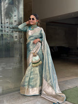 Sky blue Pure Tissue Silk Banarasi Handloom Saree