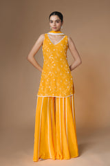 Sunset yellow floral embroidered kurta sharara set