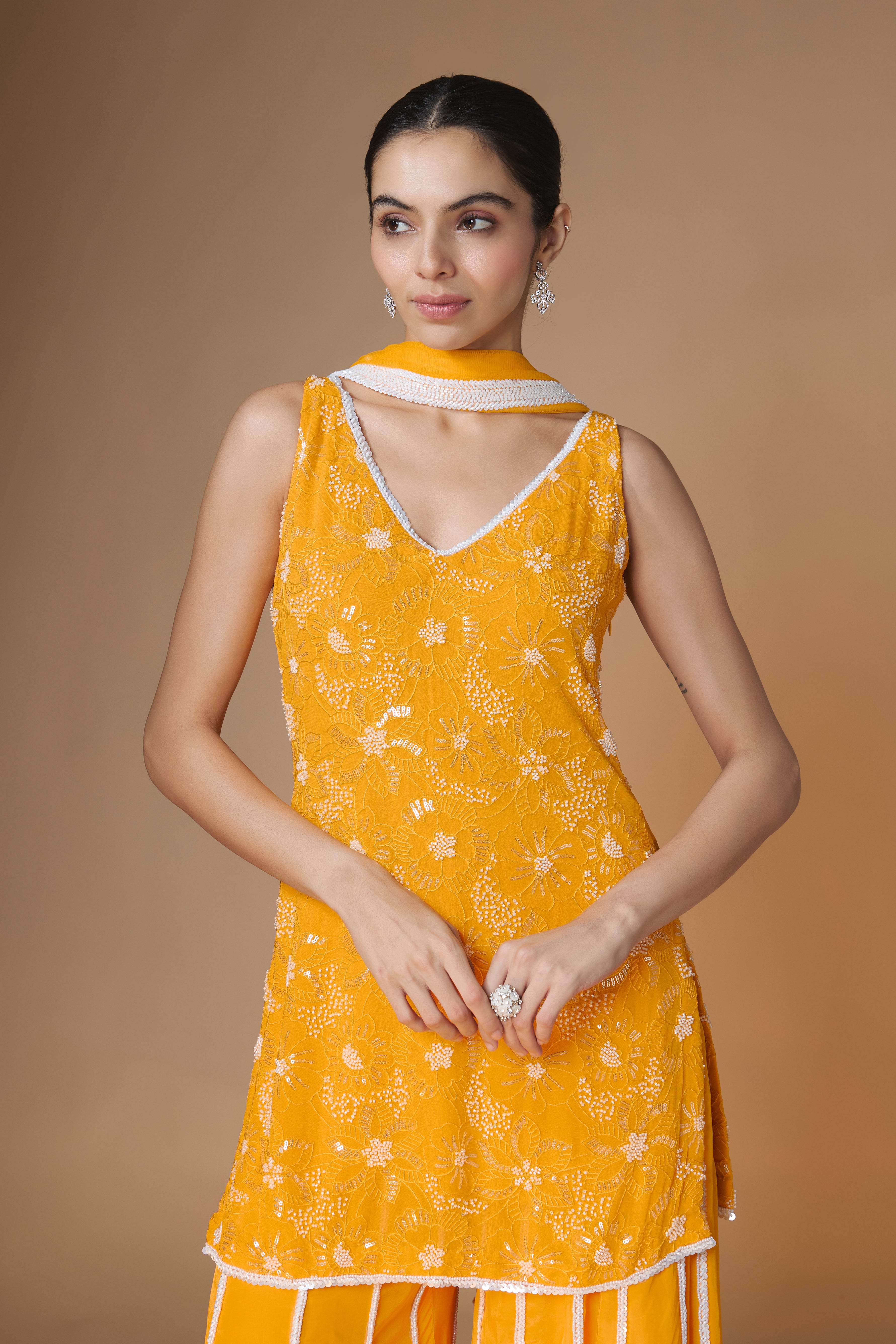 Sunset yellow floral embroidered kurta sharara set
