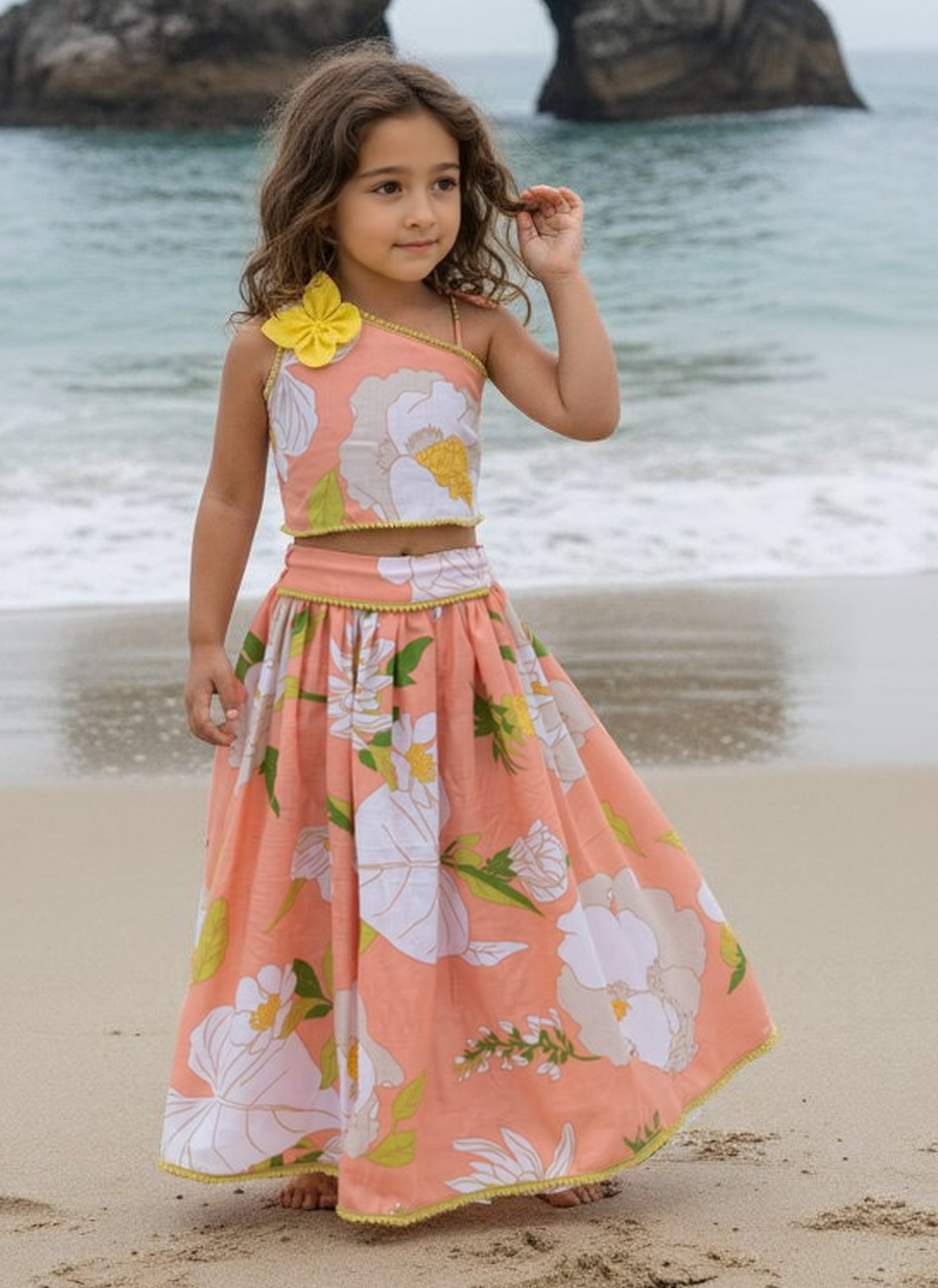 Orange Printed Top with Lehenga