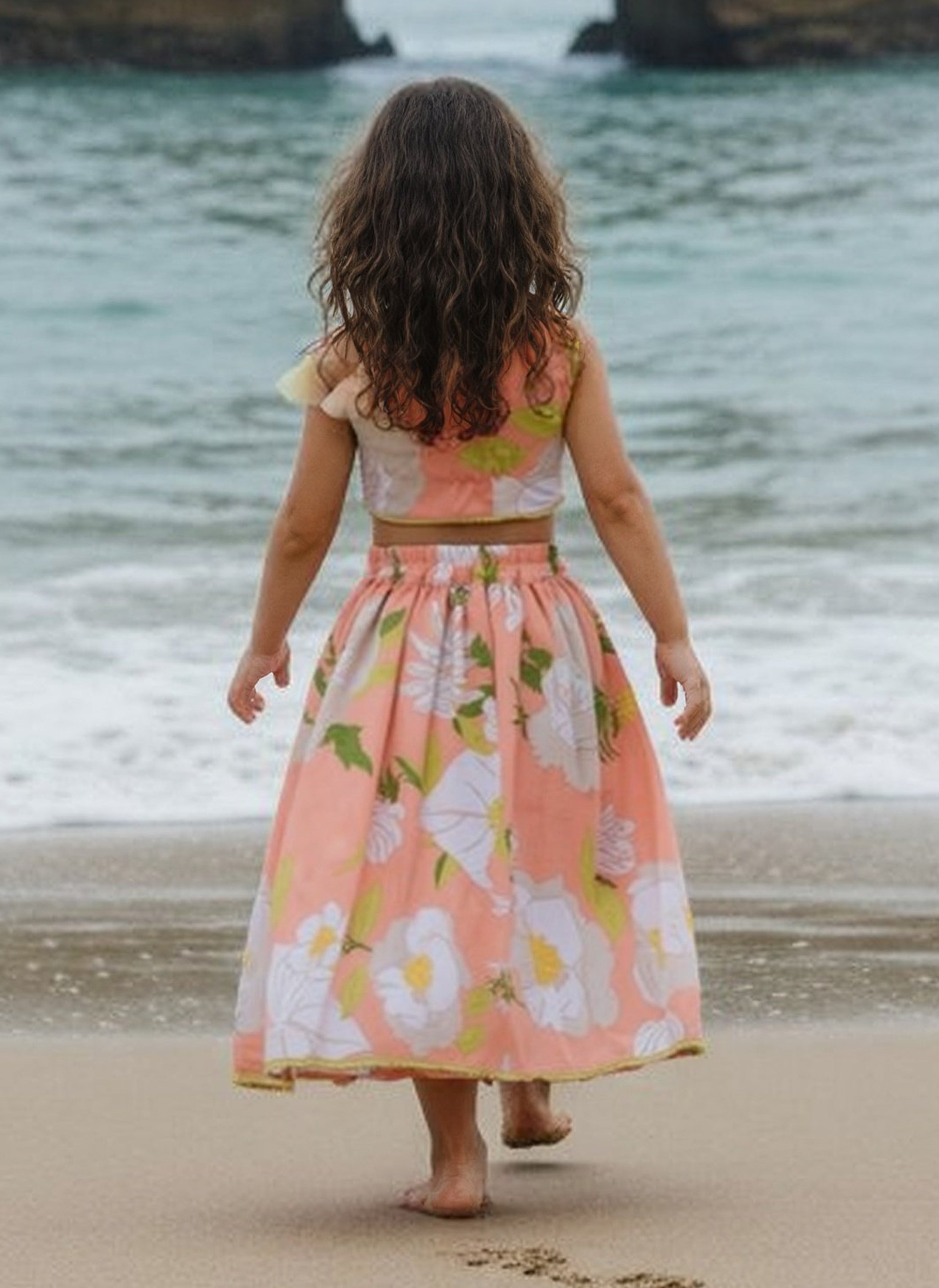 Orange Printed Top with Lehenga