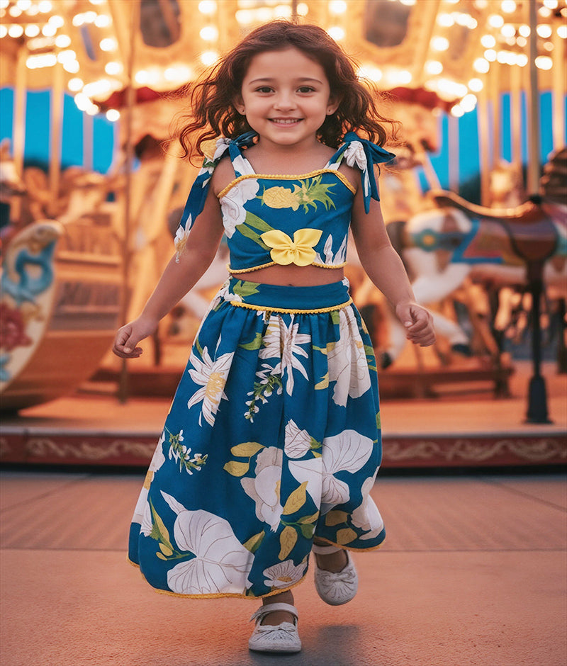 Blue Printed Top with Lehenga