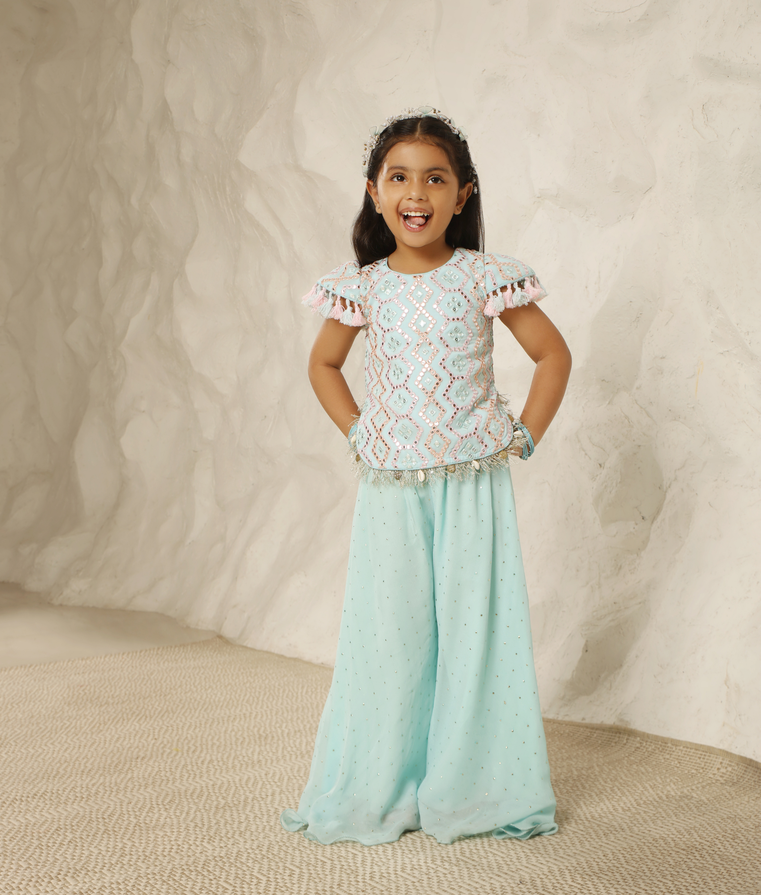 Blue Mirror Embroidered Top with Plazzo Pant