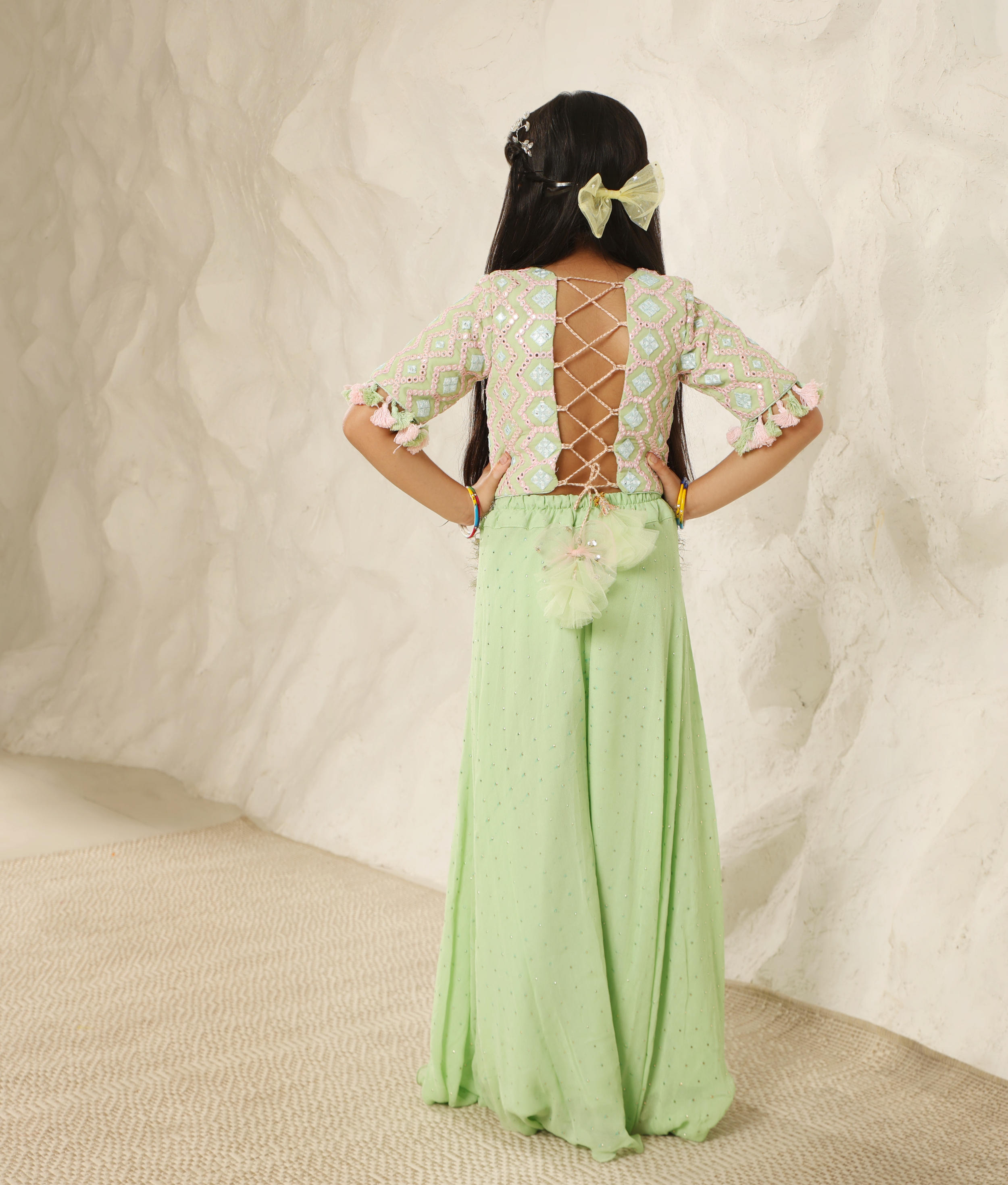 Green Mirror Embroidered Top with Plazzo Pant