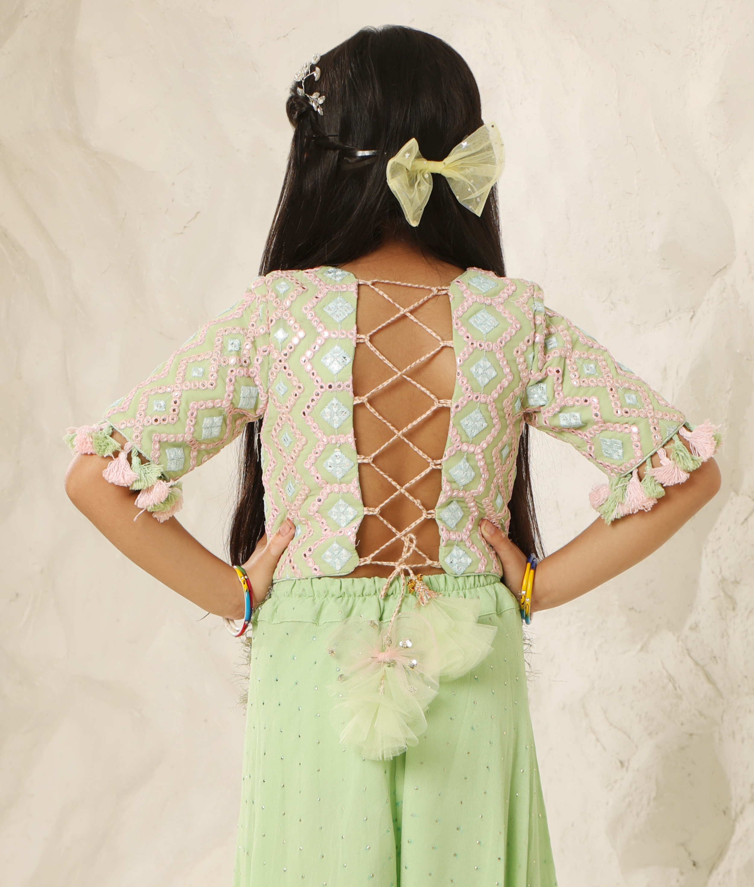 Green Mirror Embroidered Top with Plazzo Pant