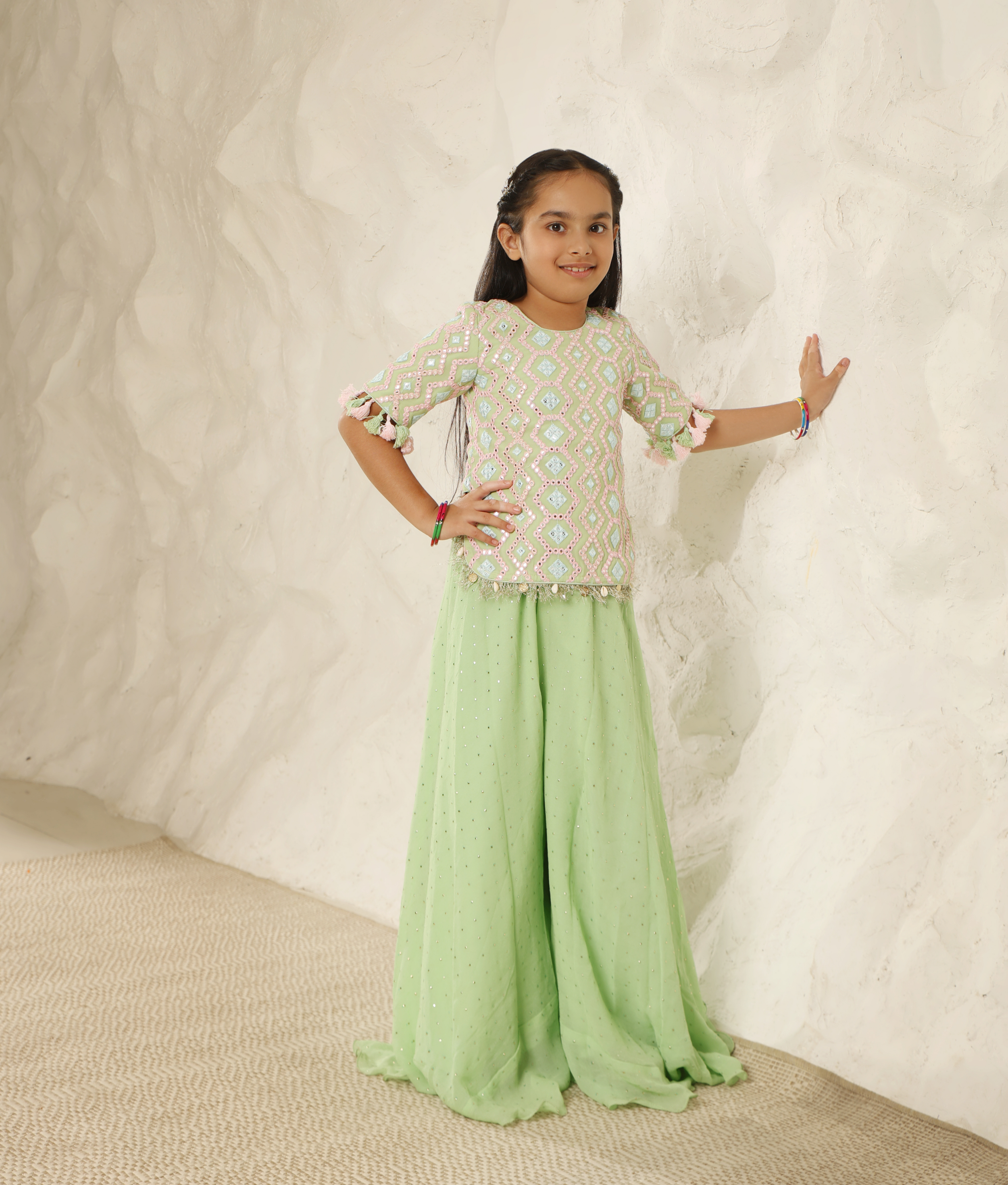 Lush Elegance: Green Mirror-Embroidered Plazzo Pant set