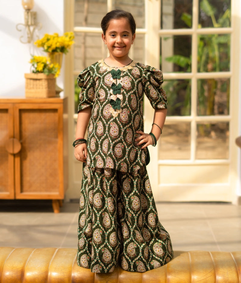 Green Printed Kurti Sharara
