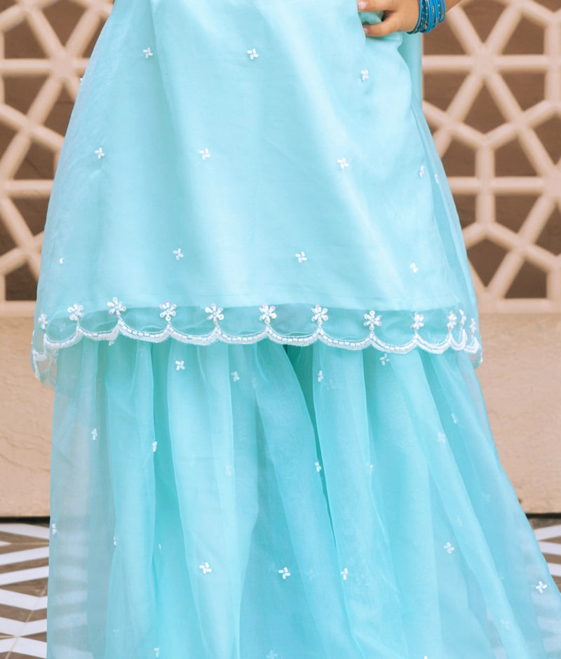Aqua Embroidered Organza Kurti Sharara