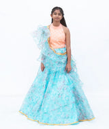 Peach Embroidered Choli withPrinted Organza Lehenga Set