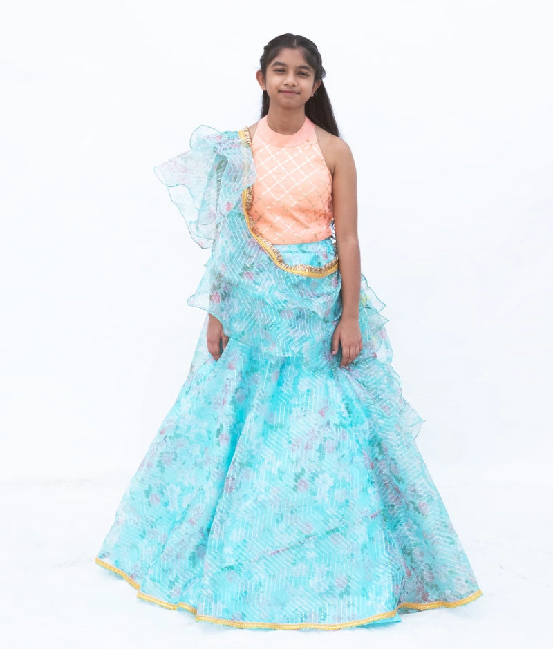 Peach Embroidered Choli withPrinted Organza Lehenga Set