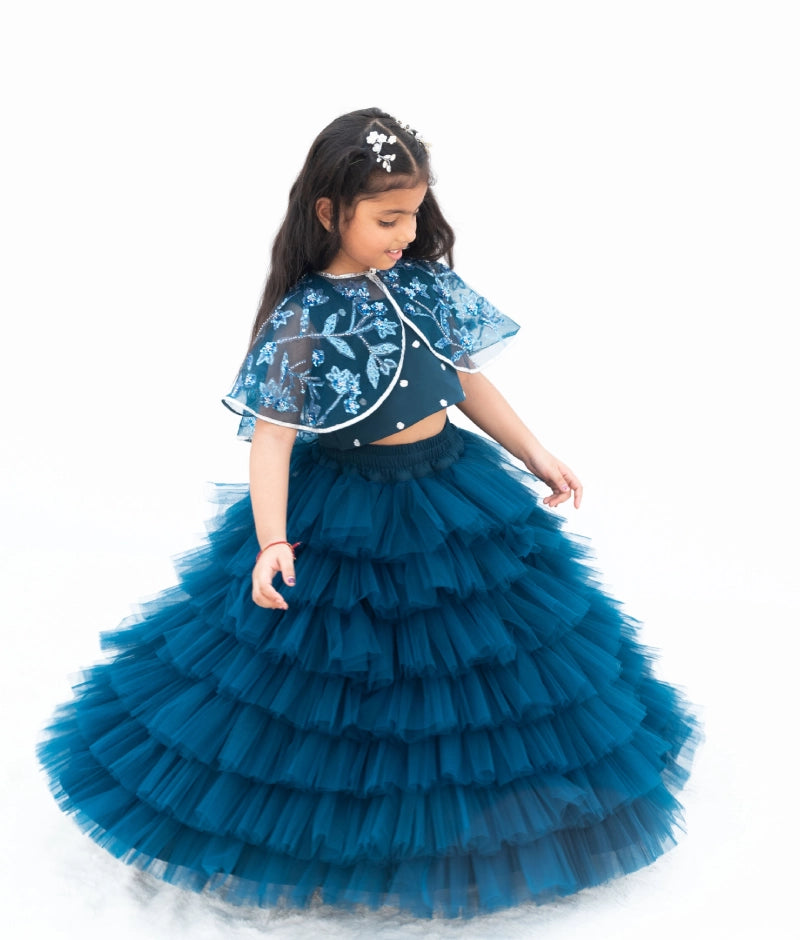 Teal Blue Crop Top Skirt with Cape