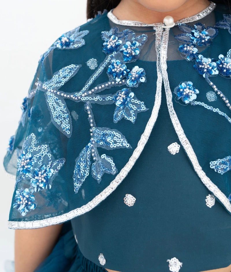 Teal Blue Crop Top Skirt with Cape