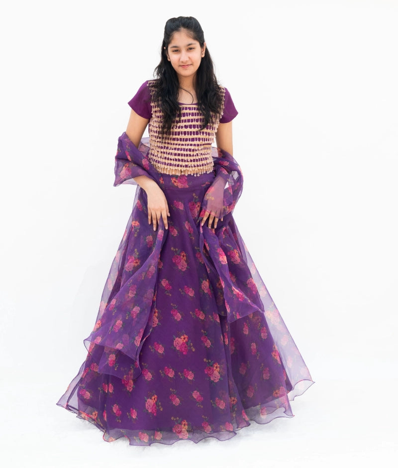 Purple Tassel Choli with Printed Lehenga Set