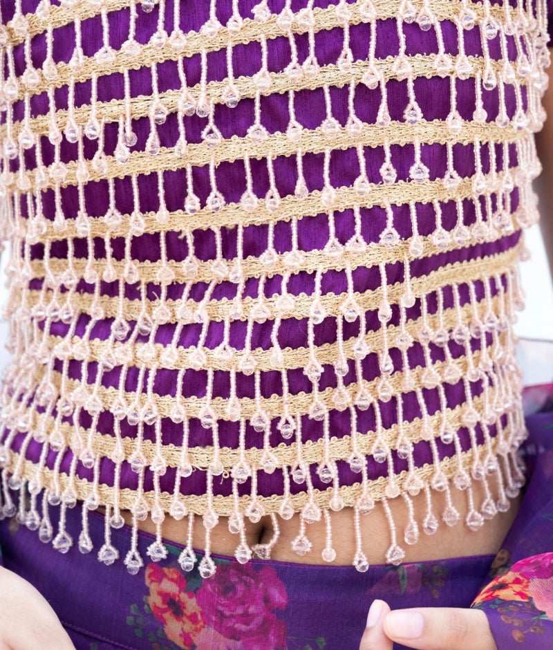 Purple Tassel Choli with Printed Lehenga Set
