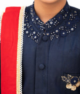 Blue Silk Sherwani with Pant & Red Stole
