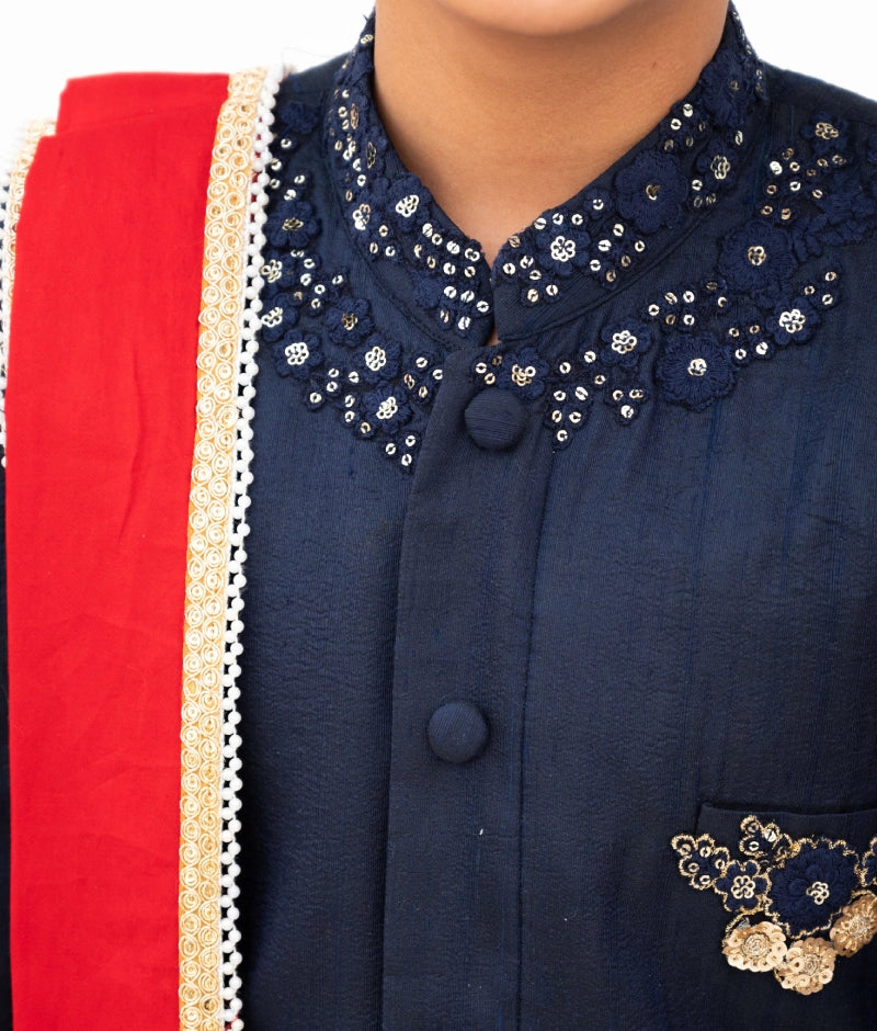 Blue Silk Sherwani with Pant & Red Stole