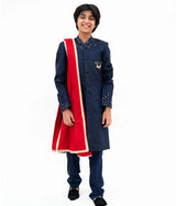 Blue Silk Sherwani with Pant & Red Stole