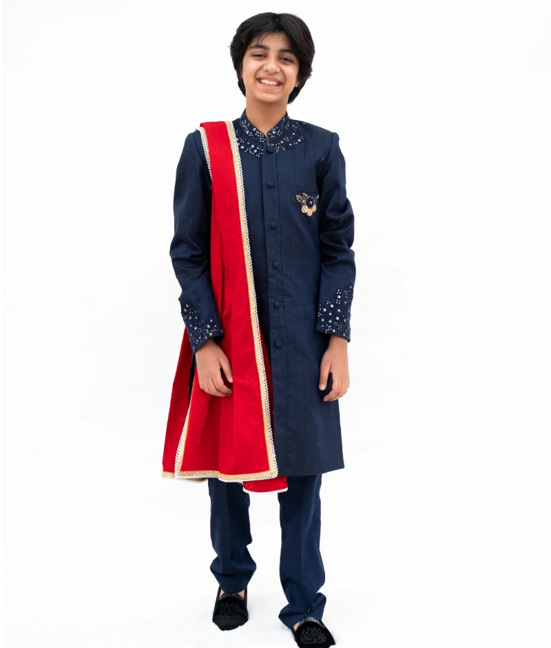 Blue Silk Sherwani with Pant & Red Stole
