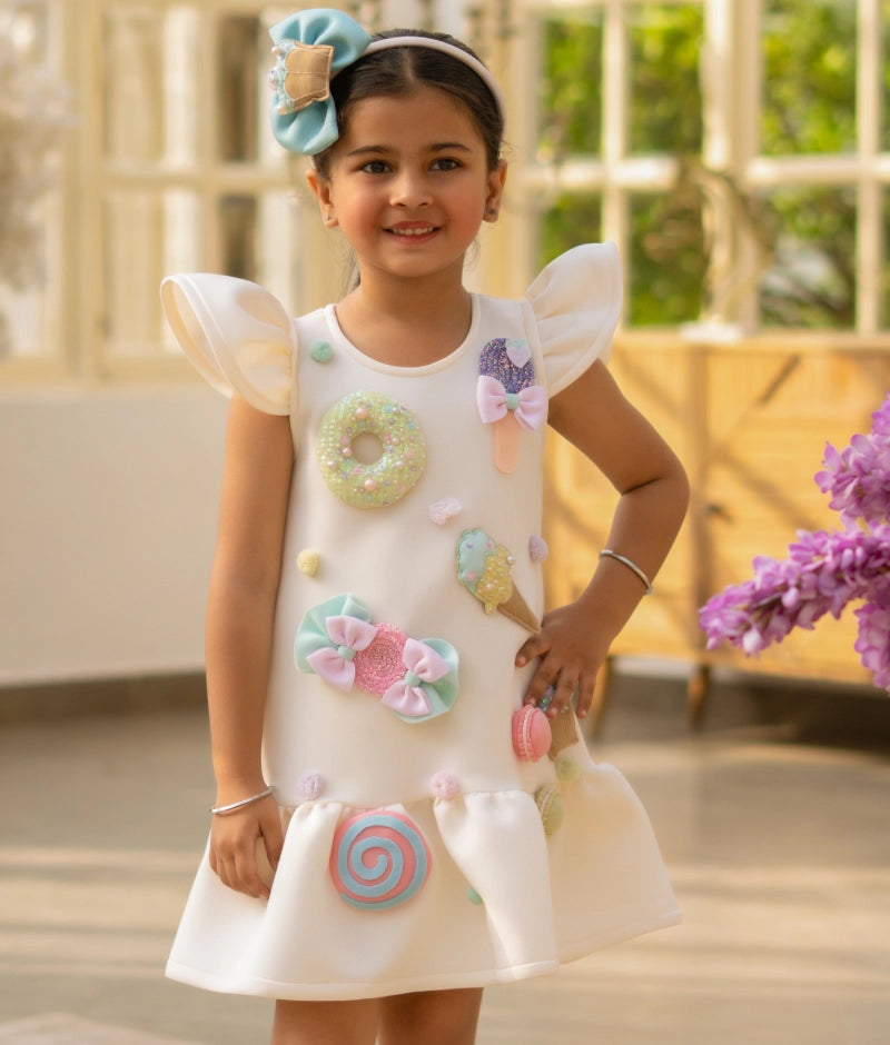 White Neoprene Motif Dress