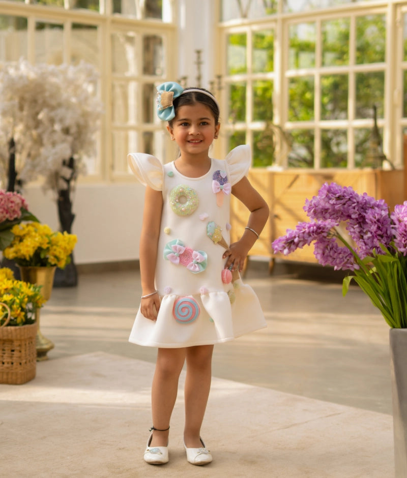 White Neoprene Motif Dress