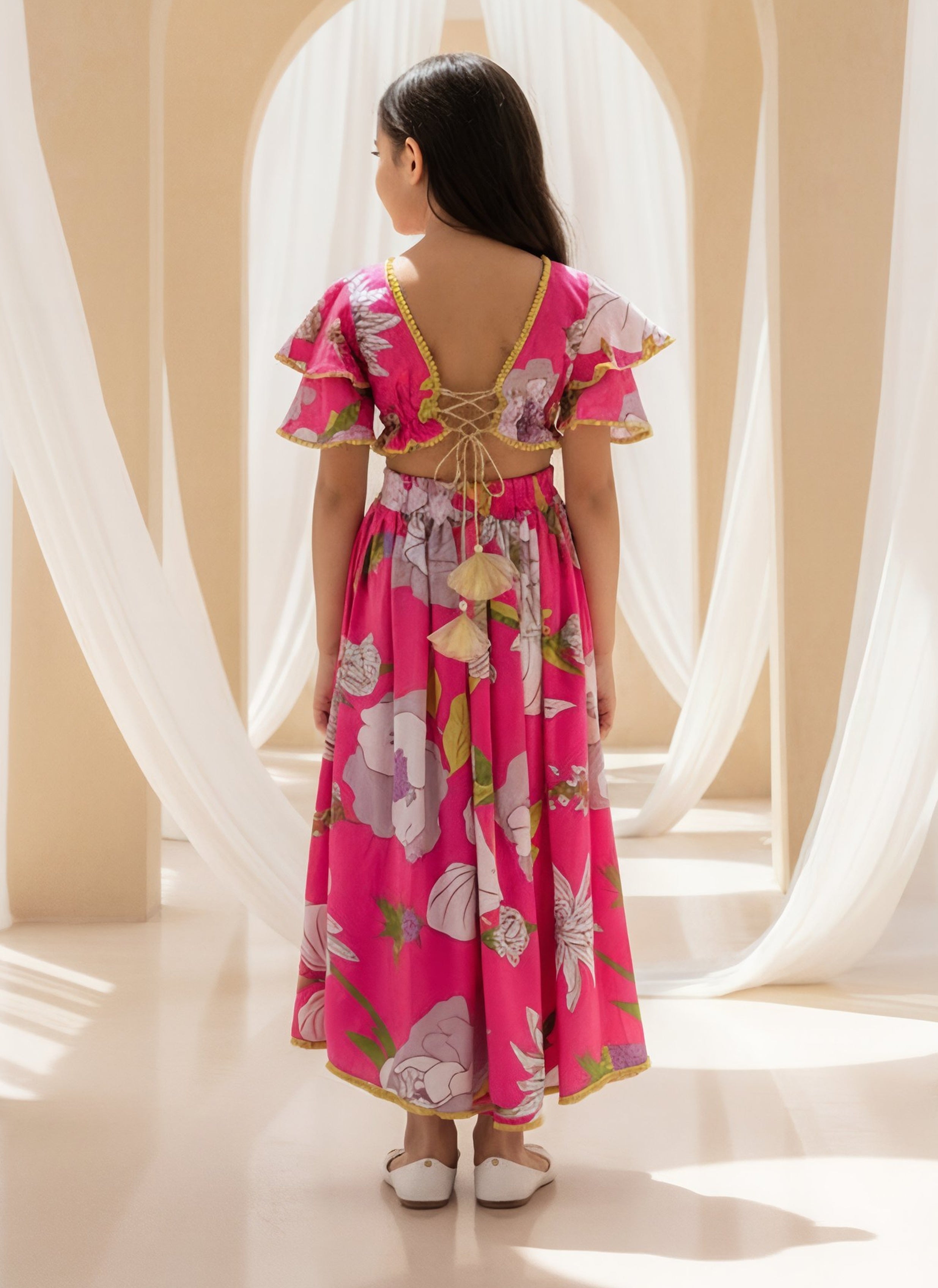 Pink Printed Top with Lehenga