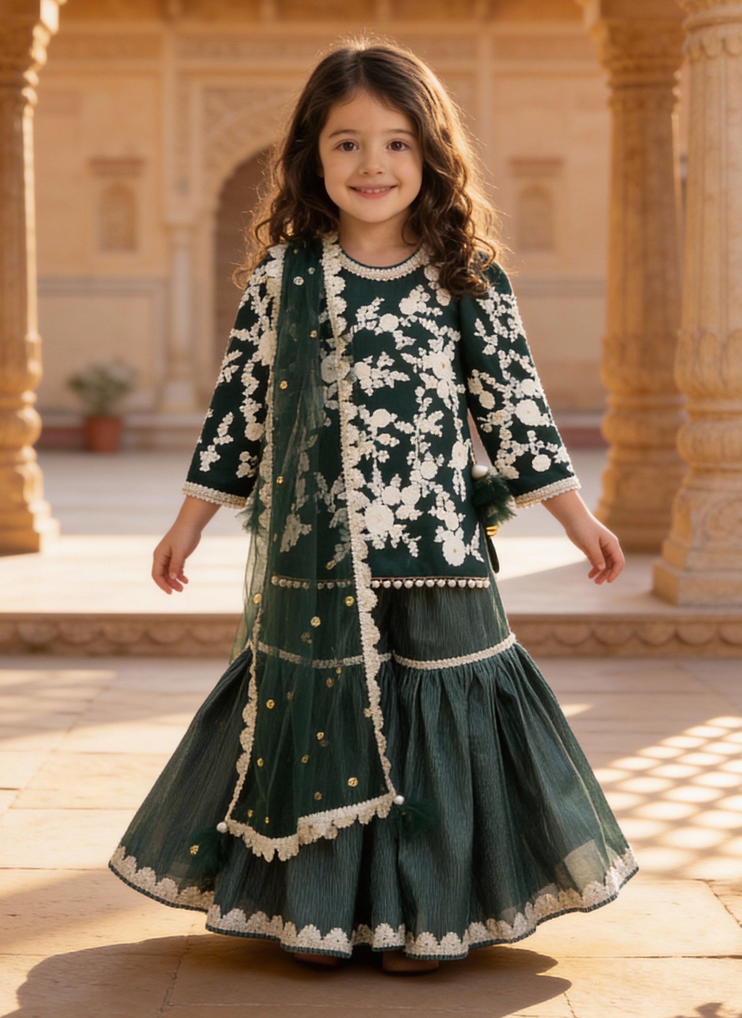 Green Embroidered Kurti Sharara set