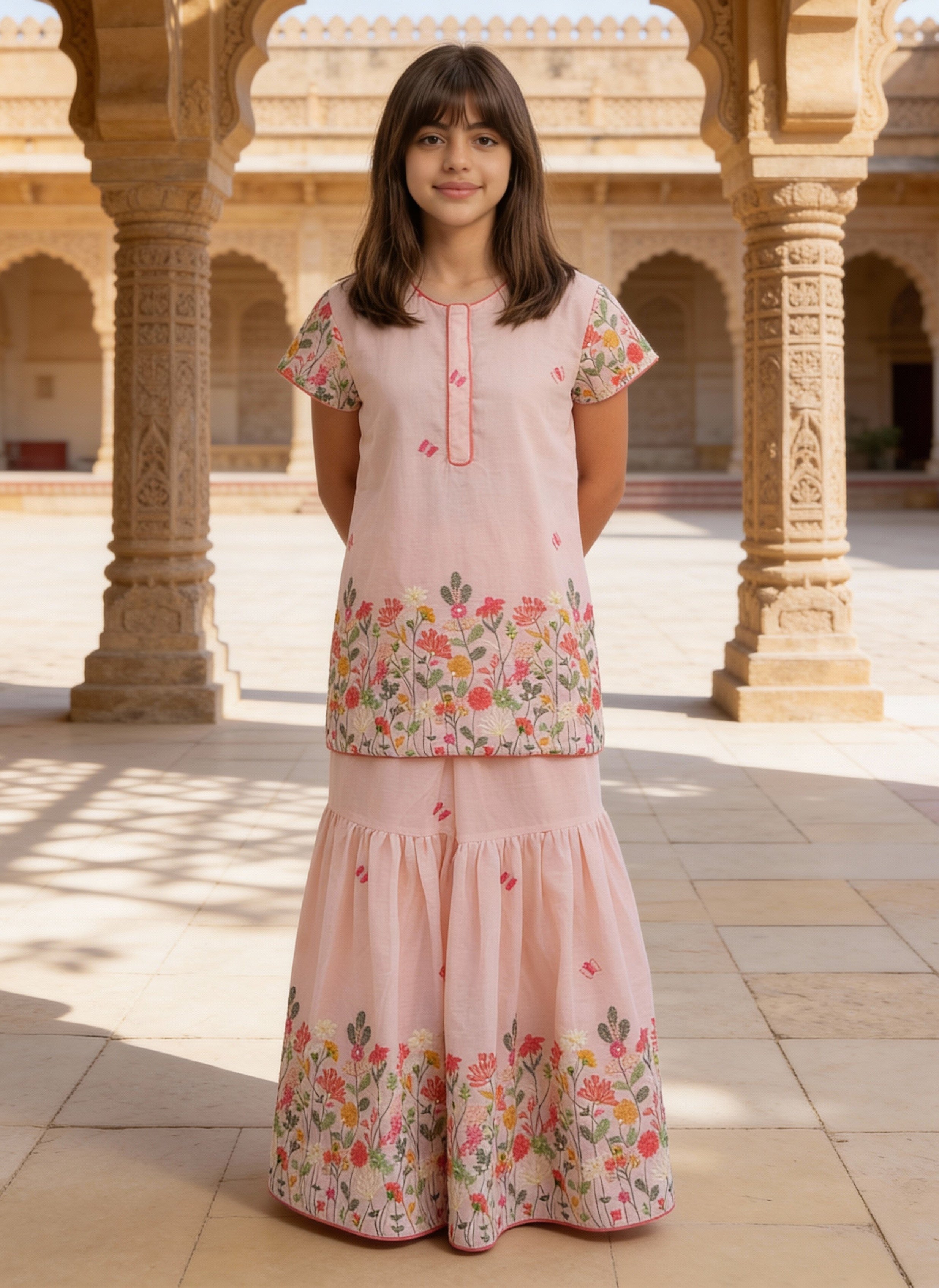 Peach Embroidered Kurti Sharara Set