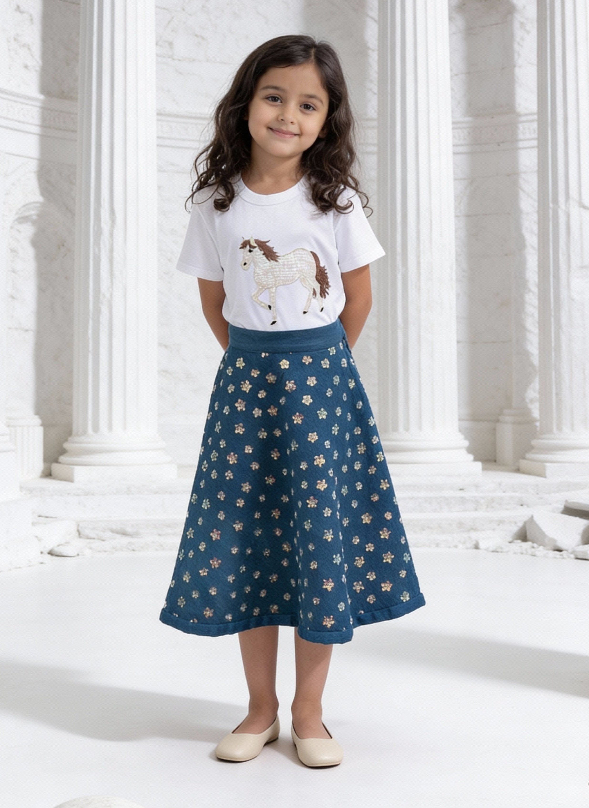 White Embroidered T-Shirt with Demin Skirt