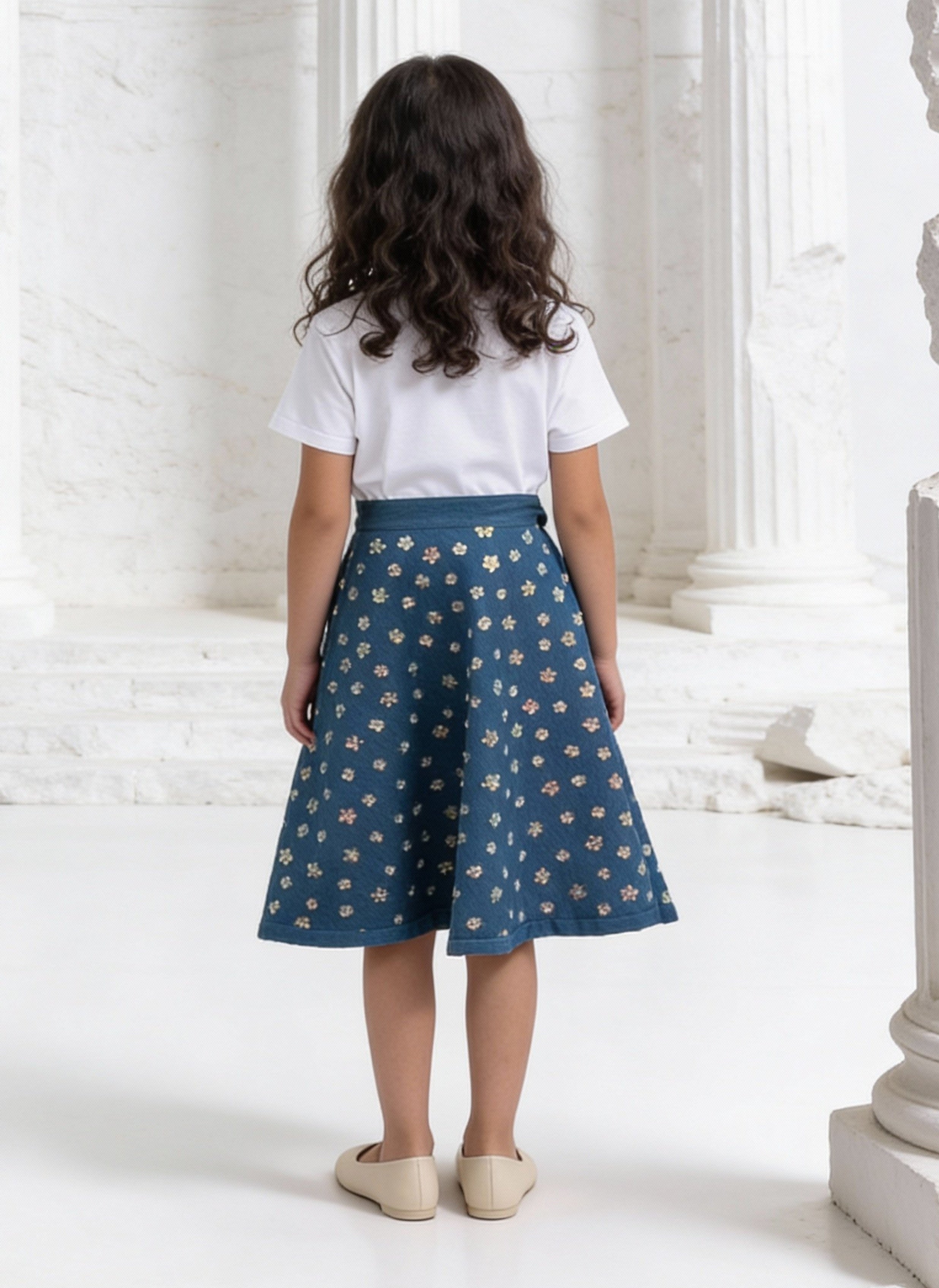 White Embroidered T-Shirt with Demin Skirt