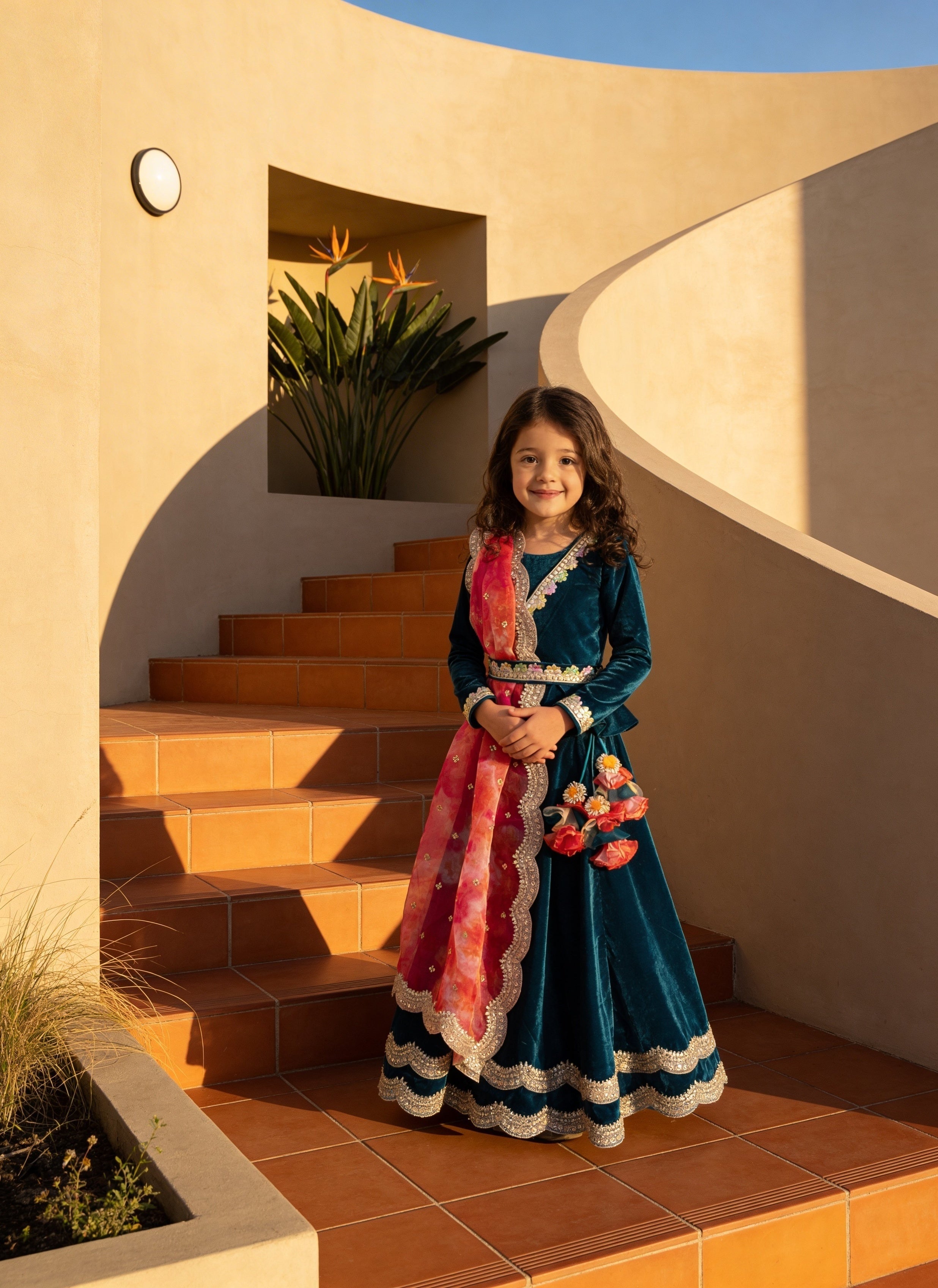 Teal Blue Velvet lehenga choli for Girls